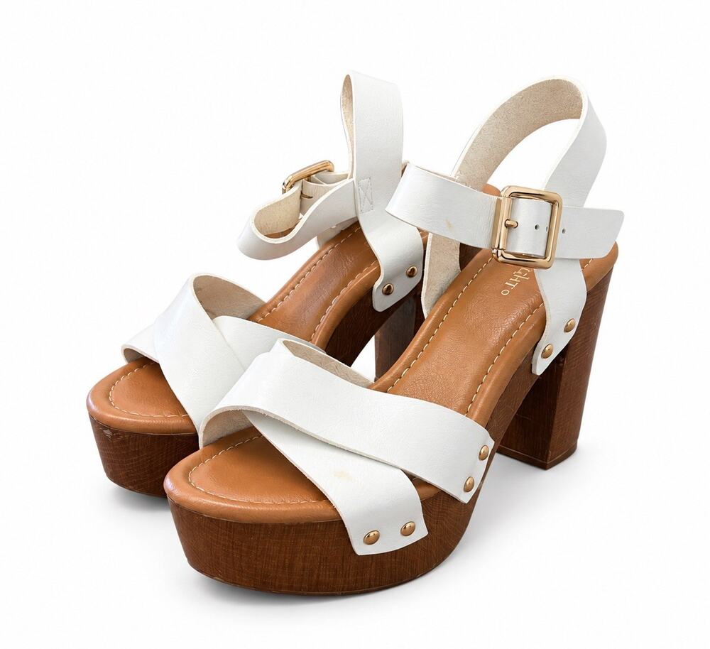 Women’s Size 7 White Platform Block Heel Sandals Ankle Strap Buckle